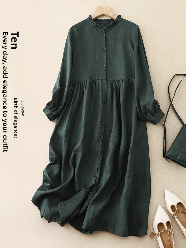 Casual Loose Linen Shirt Dress - Luźna, bawełniana, lniana sukienka z długim