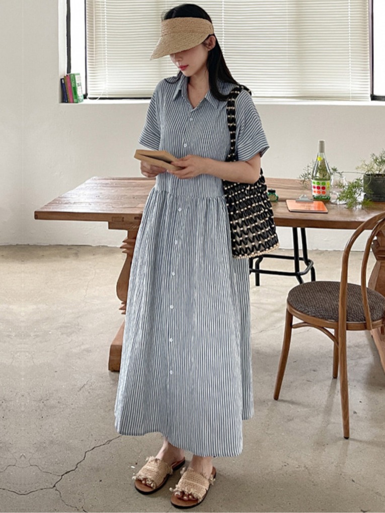 Korean Style A Line Shirt Dress - Sukienka w stylu retro, inspirowana koreańską
