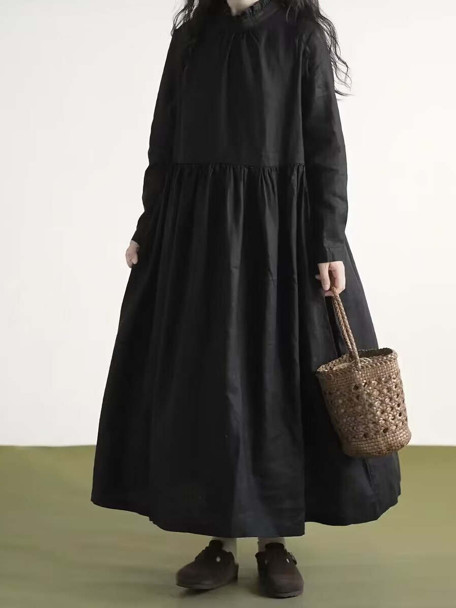 Casual Loose Linen Shirt Dress - Czarna sukienka z długim rękawem i