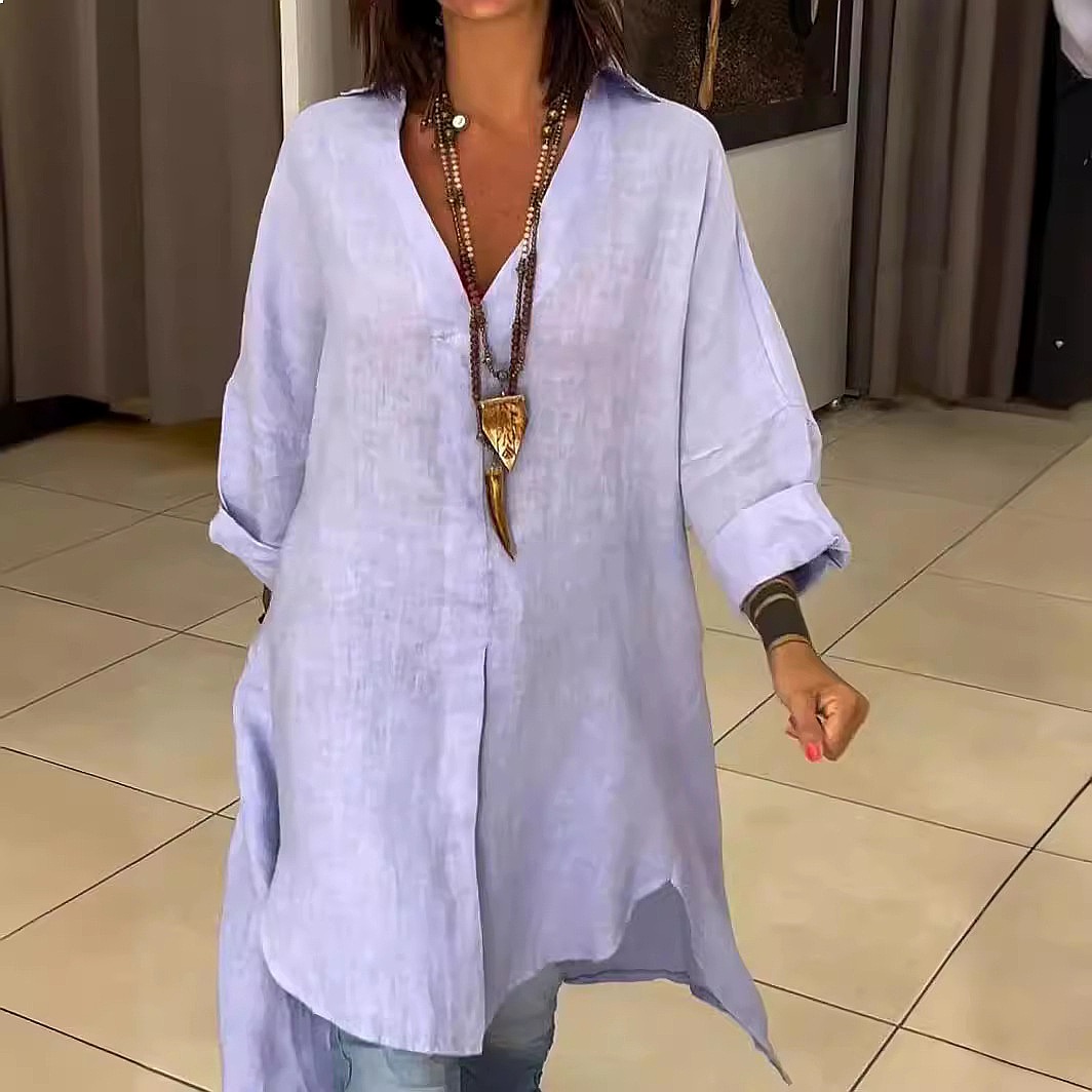 Casual Loose Linen Shirt Dress - Damska lniana sukienka-koszula, luźna, casualowa bluzka,