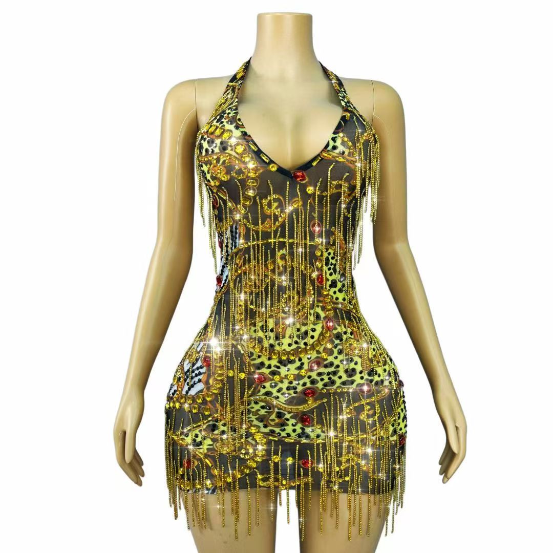 Sparkly Rhinestone Club Party Dress - Błyszcząca złota sukienka mini z łańcuszkami