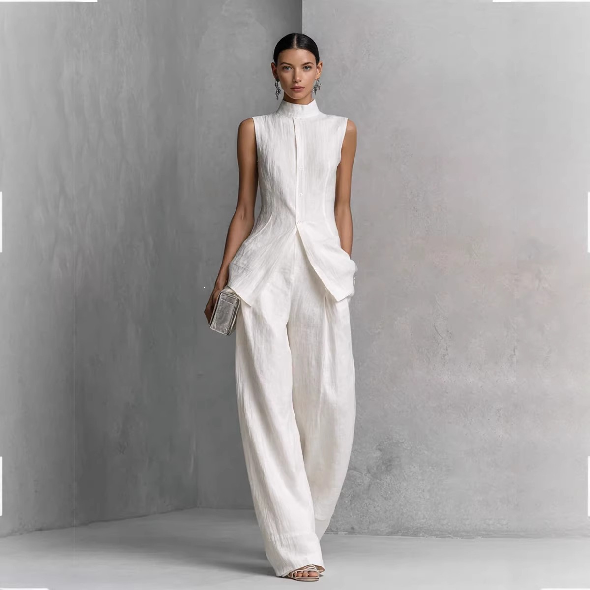 Casual Loose Linen Shirt Dress - Koszula z bawełny i lnu, jednolity