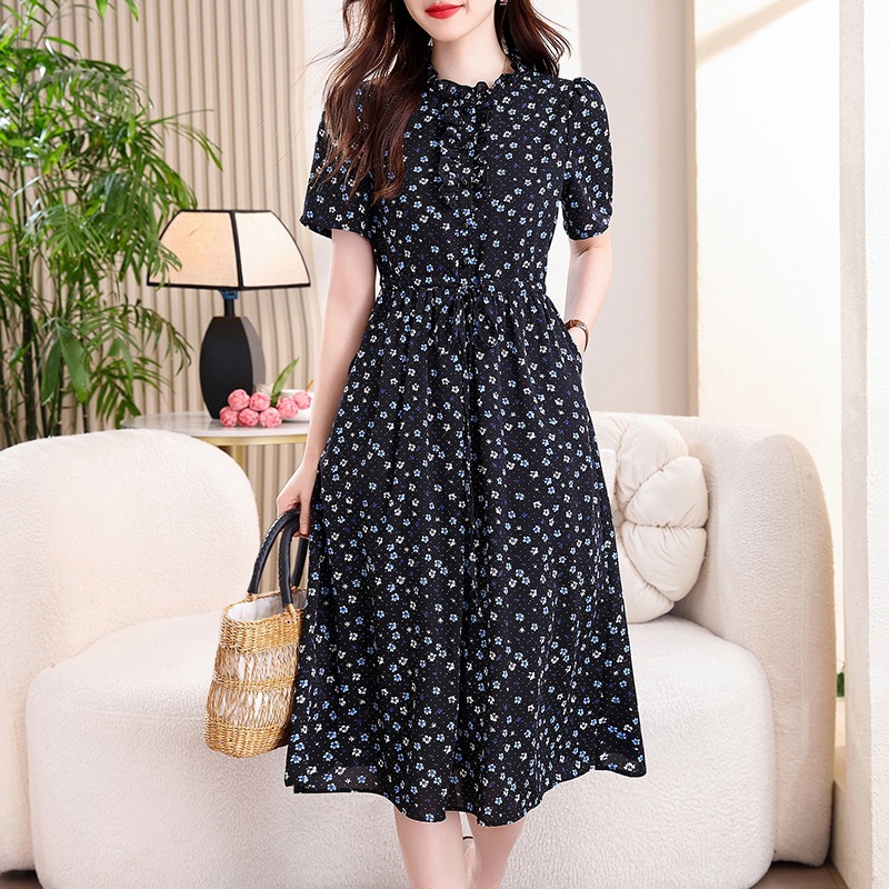 French Vintage Floral Midi Dress - Sukienka midi w stylu vintage, granatowa,
