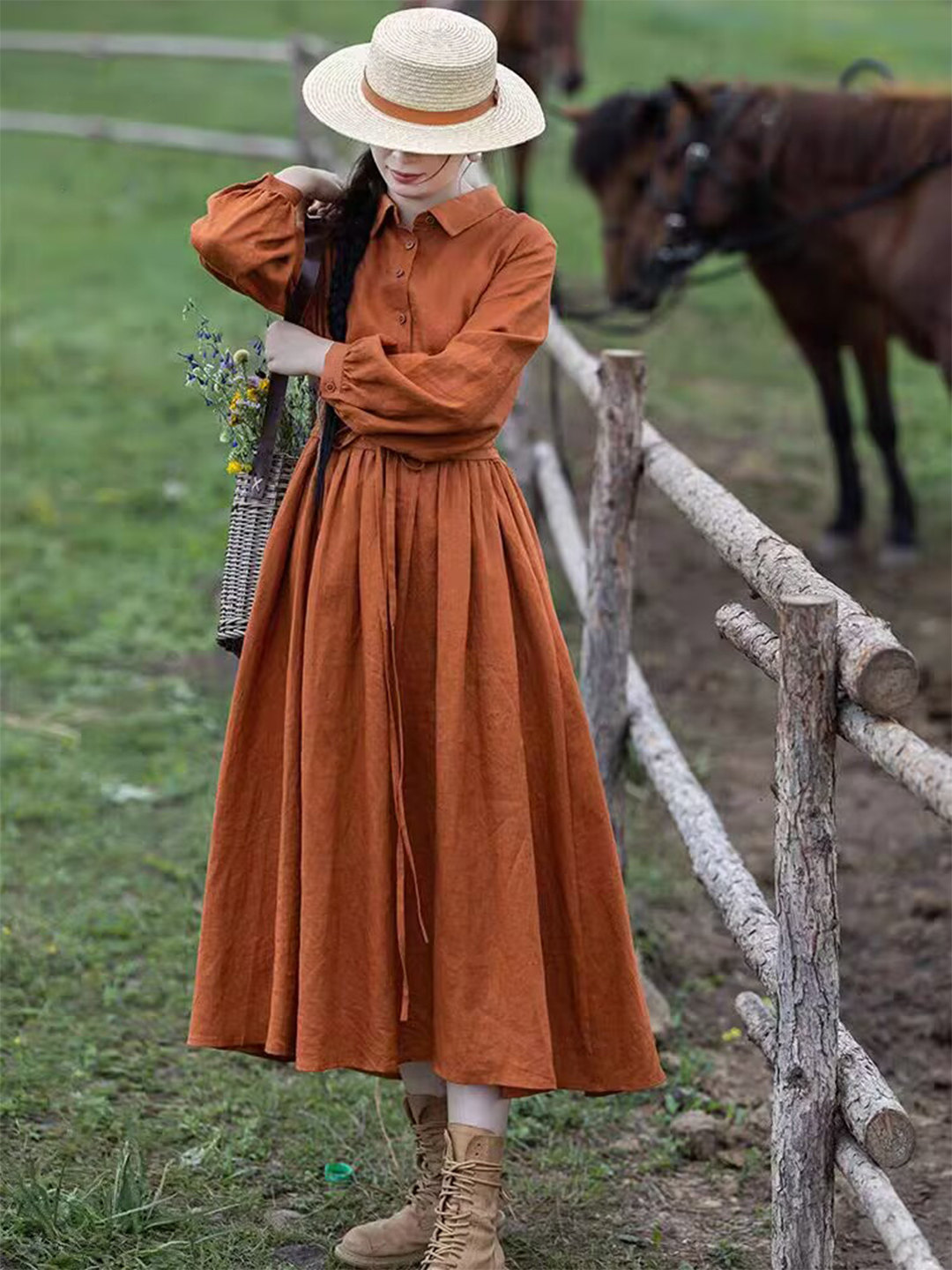 Casual Loose Linen Shirt Dress - Damska, pomarańczowa, lniana sukienka maxi, z