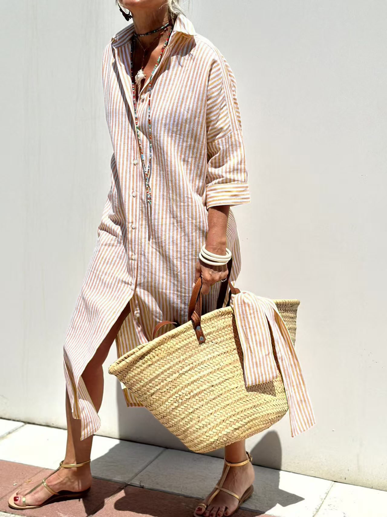 Maxi z paskiem, letnia sukienk – Casual Loose Linen Shirt Dress recenzja i cena