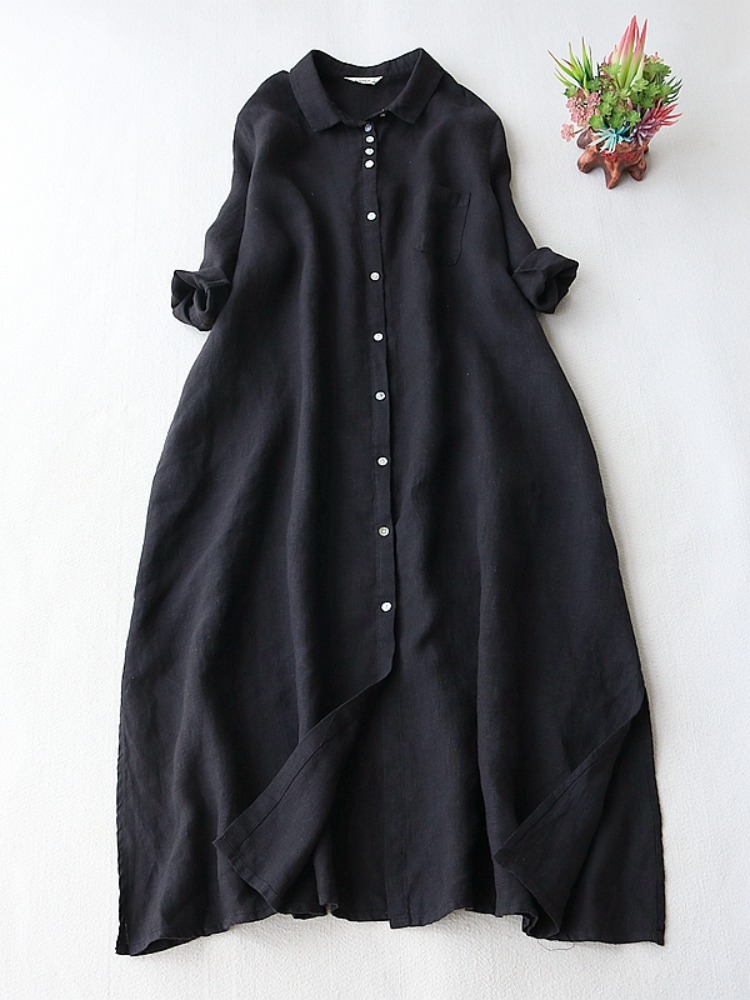Sukienka z artystycznego lnian – Casual Loose Linen Shirt Dress recenzja i cena