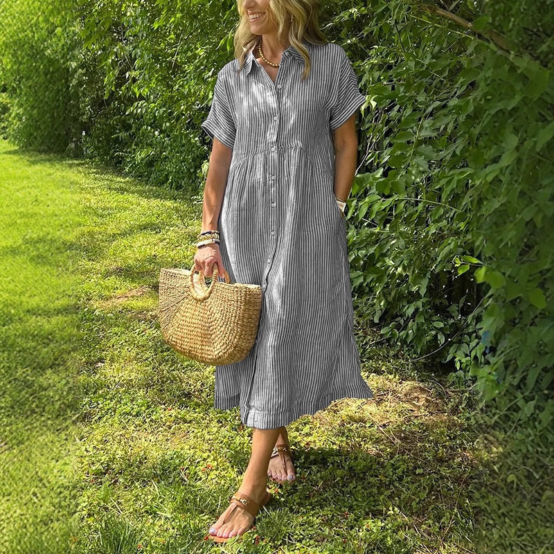 Damska sukienka koszulowa w pa – Casual Loose Linen Shirt Dress recenzja i cena